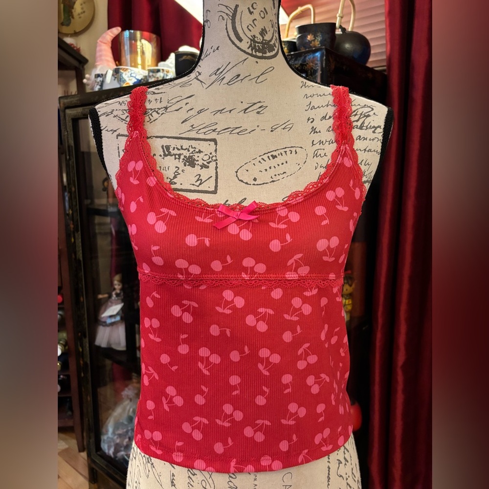 Weekend Edition Pink Cherry Print Camisole with Lace Straps